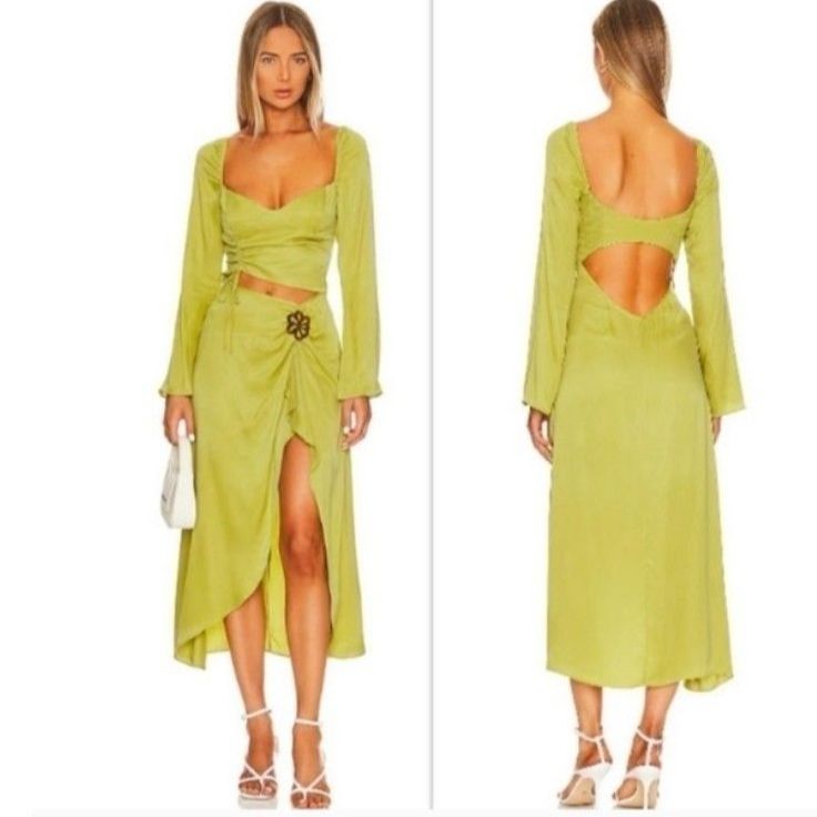For Love & Lemons Women's Nwt Allie Chartreuse Green Ls Cutout Midi Dress Size S